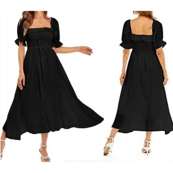 Women’s Maxi‎ Black Dress Square Neck Puff Sleeves Sz XL Smoked Flowy Polka Dot - Picture 8 of 11